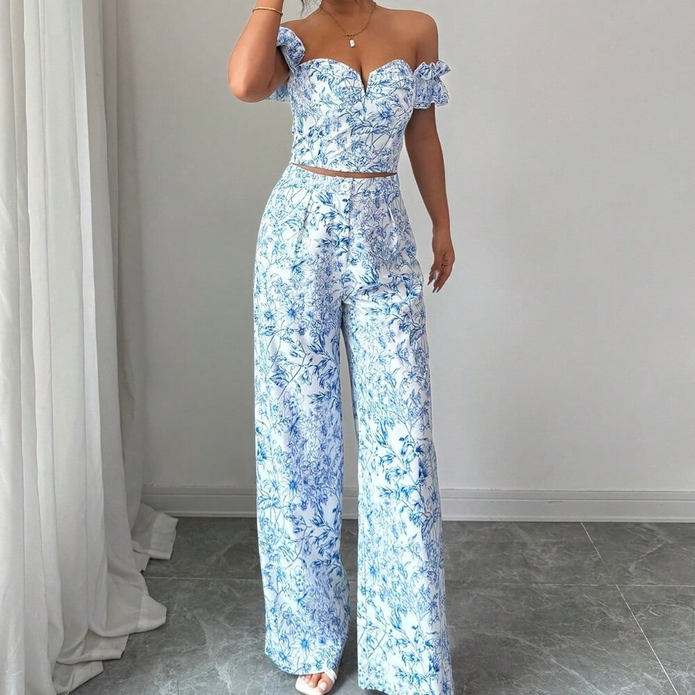 Blue And White Elegant Womens Top & Straight Leg Pants With Print Off Floral Set - Picture 5 of 6